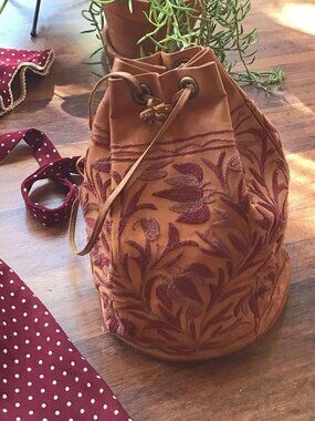 Vintage 1960s Embroidered Small Leather Bucket Bag Pouch